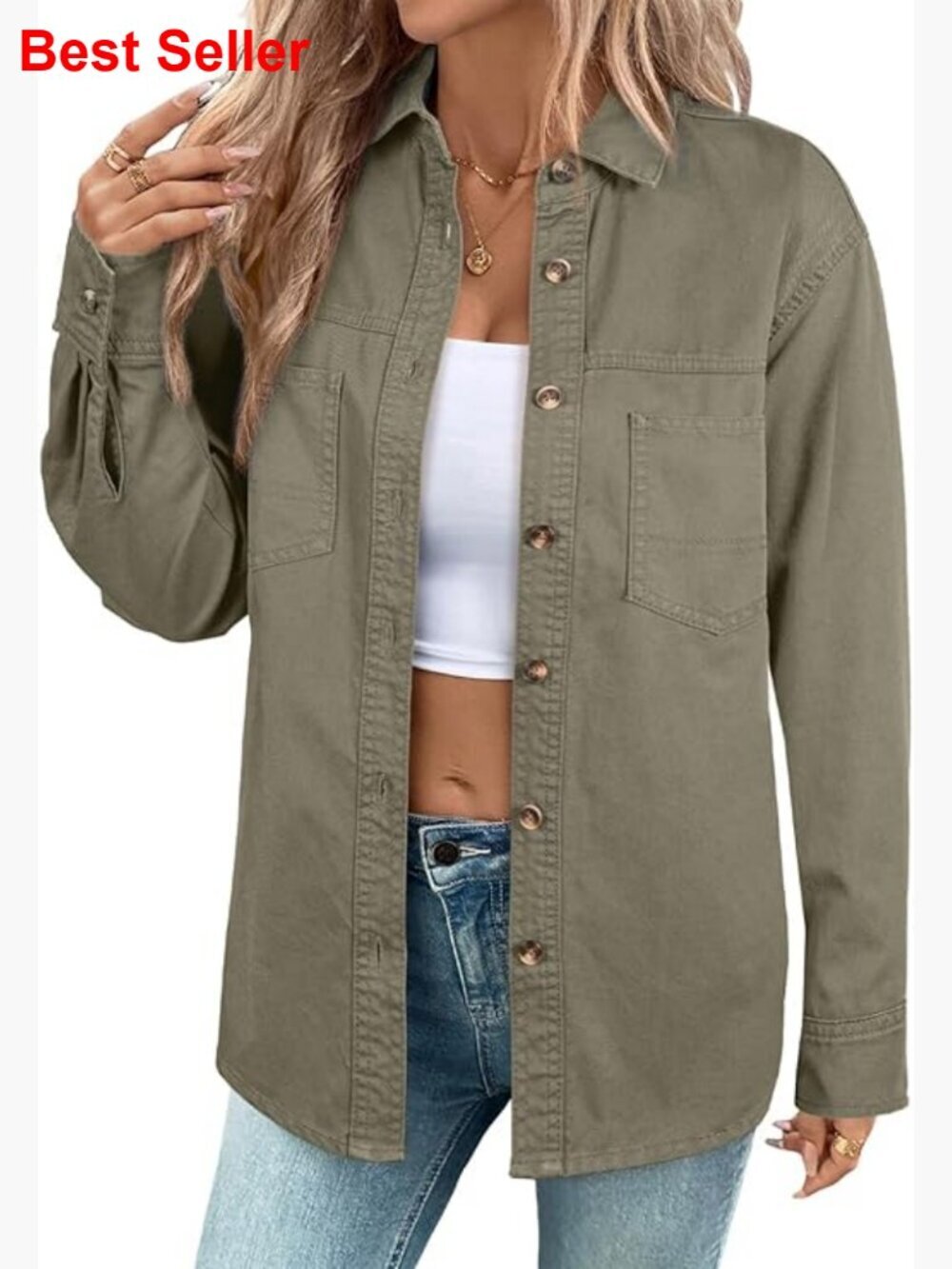 Women Denim Button Down Shirt Oversized Long Sleeve V Neck Casual Top Blouse